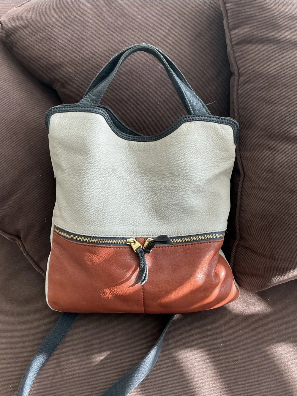 Fossil ERIN Ivory/Tan/Black Leather Hobo Satchel Bag